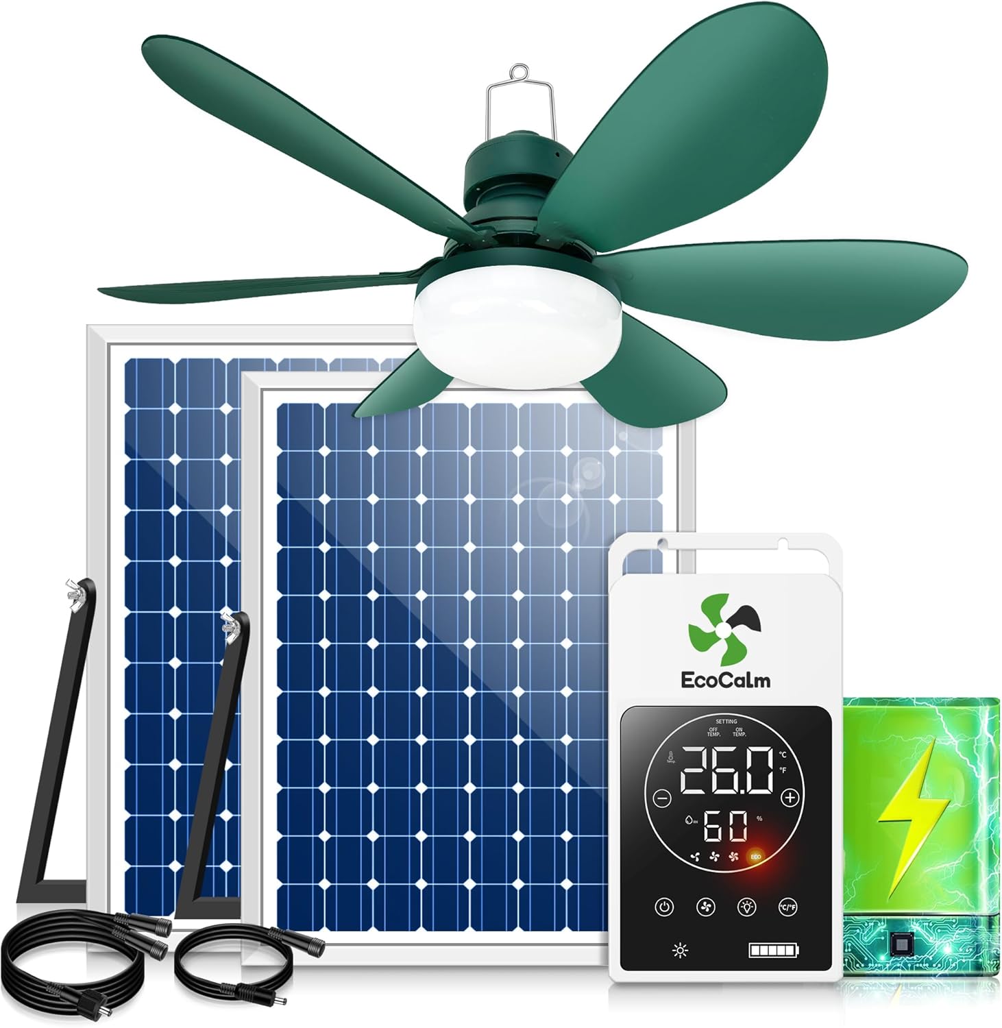 ecoCalm Solar Ceiling Fan Light with Battery, 20 Outdoor Ceiling Fans with Adjustable Thermostat & 2pcs 15W Bifacial Solar Panels, Solar Powered Fan for Gazebo, Chicken Coop, RV (Green)