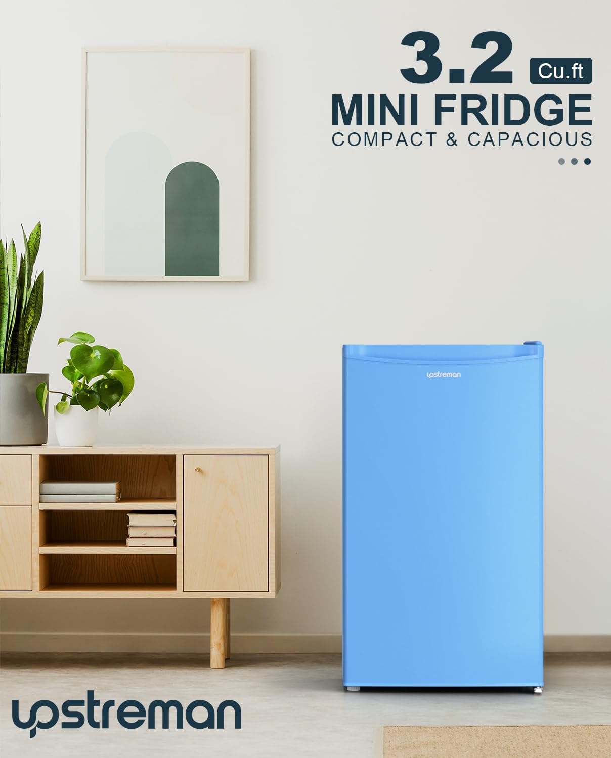 Upstreman 3.2 Cu.Ft Mini Fridge with Freezer, Single Door Mini Fridge, Dorm Fridge, Adjustable Thermostat, Mini Refrigerator for Bedroom, Office, Dorm, Black-BR321