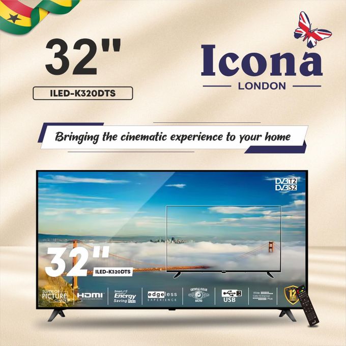 Black Friday deal🔥70% off, today only!🔥Icona London ILED-320DTS 32” Edgeless Digital Satellite LED TV With A+ Panel - HDMI/USB - DVB-T2/S2 - Black (1YR WRTY)