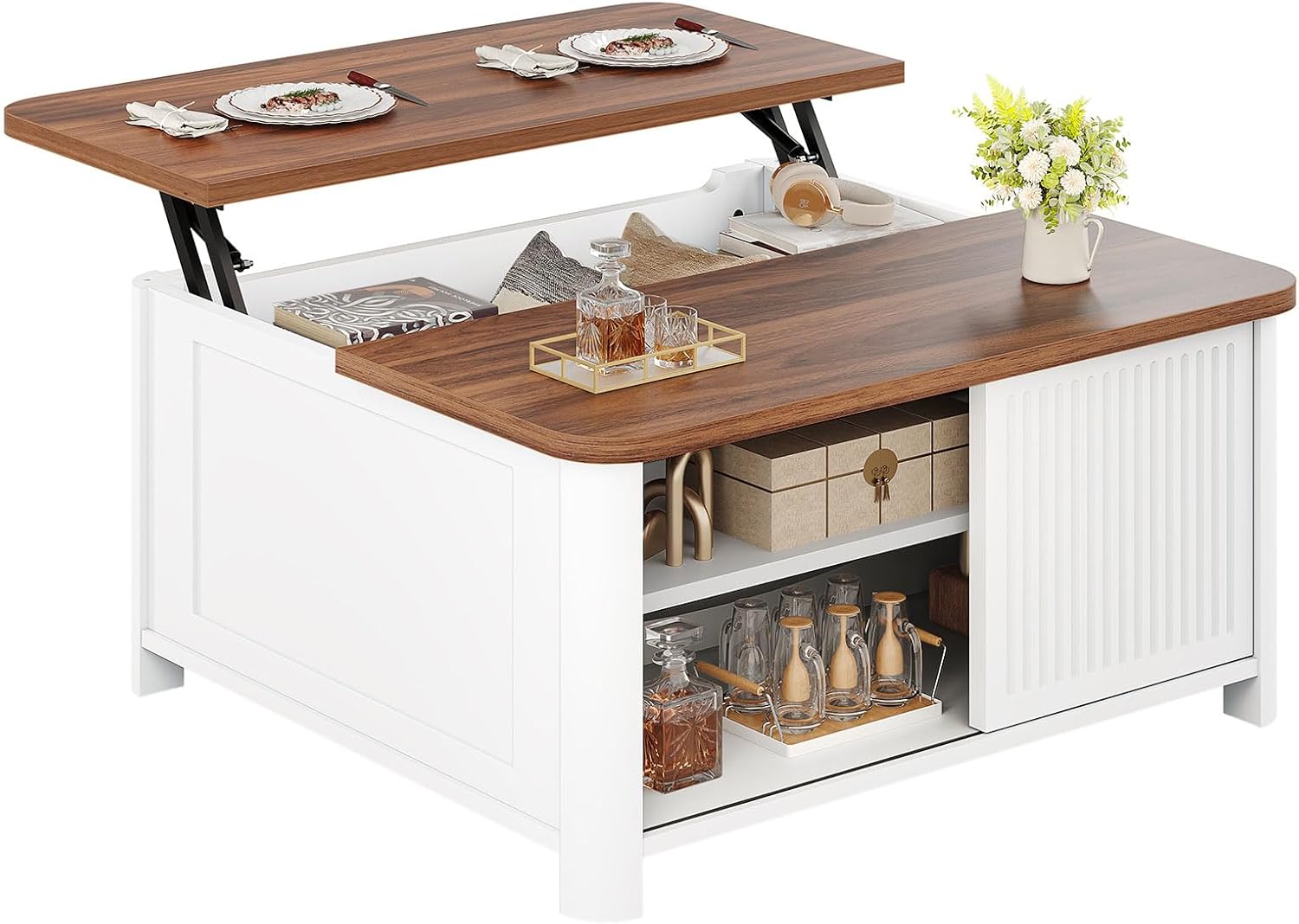 Decofy Lift Top Coffee Table with Storage, 31.5 Mid Century Modern Square Coffee Tables for Living Room, Large Hidden Storage Compartment, Adjustable Shelves & Sliding Door, White