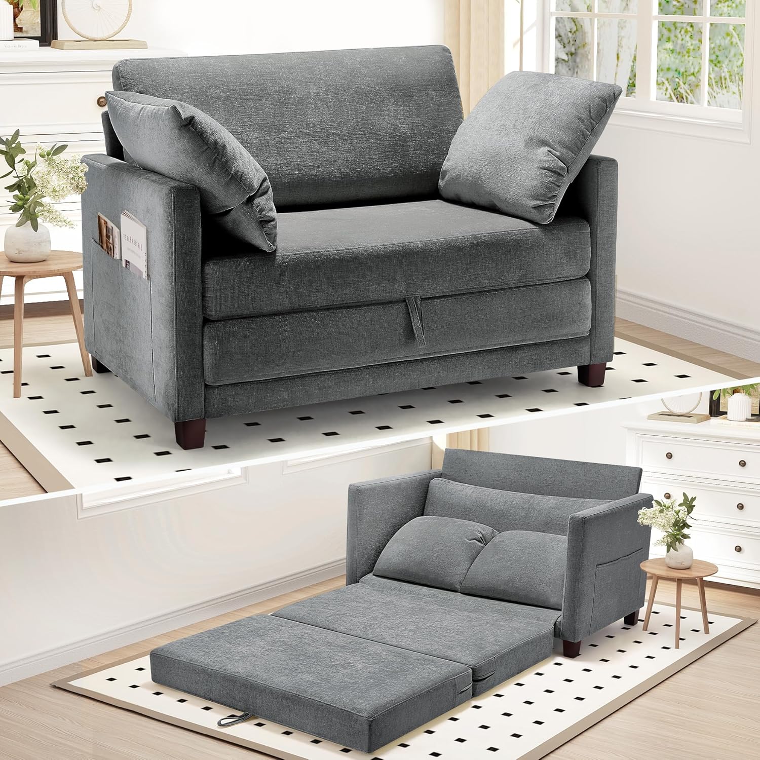 IKEA 51 Convertible Loveseat Sofa Bed, 2 in1 Folding Sofa Bed, Loveseat Sleeper Sofa for Small Spaces, Fold Out Floor Couch with 2 Pillows for Apartment, Living Room & Guest Room, Green Chenille Fabric