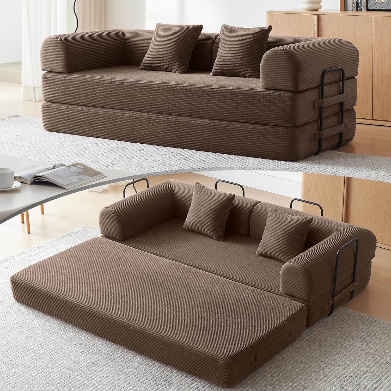 IKEA Convertible Sleeper Sofa Bed with Cylindrical Pillow, Modern Corduroy Futon Bed, Modular Sofa with Pull-Out Bed, Love Seat Sleeper for Living Room, Small Space Apartment, Office