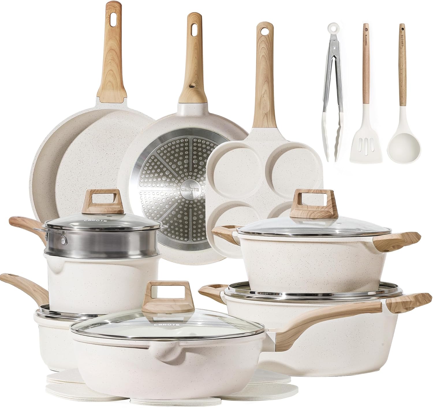 CAROTE ICE 35pcs Pots and Pans Set, Nonstick Cookware Sets, White Granite Induction Cookware with Kitchen Knife Set