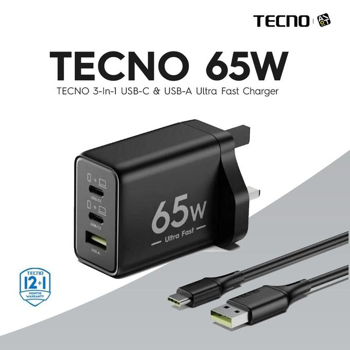 TECNO 3-In-1 USB-C & USB-A Ultra Fast Charger 65W (U60T) - Black
