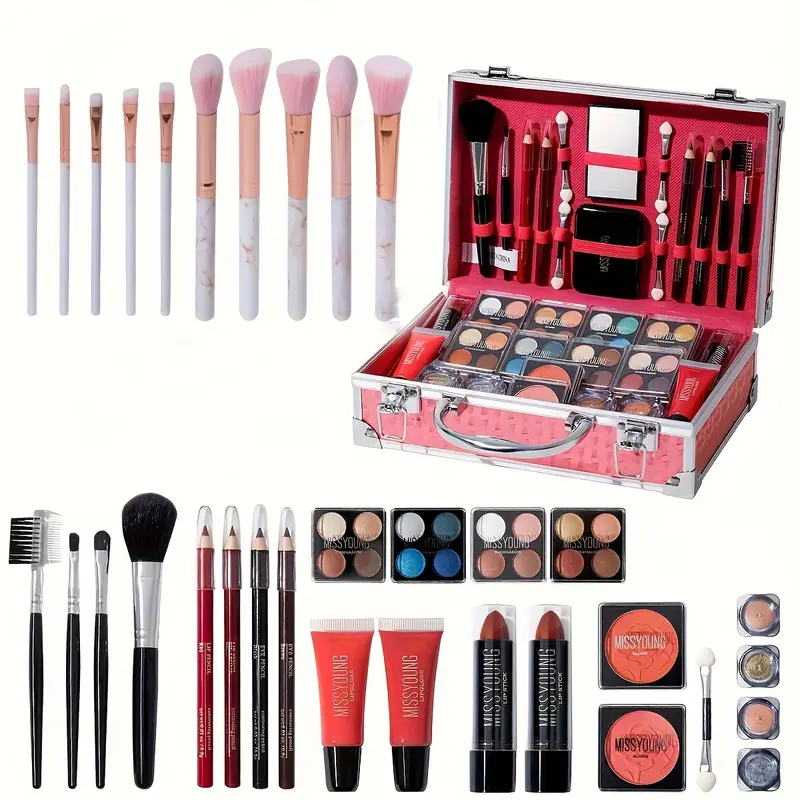 Portable Makeup Case, All-In-One Makeup Set, Glamorous Pink And Silvery, Storage Box, Eye Shadow, Lip Gloss, Lip Liner, Blush, Sequined Eyebrow Pencil With Mirror,
