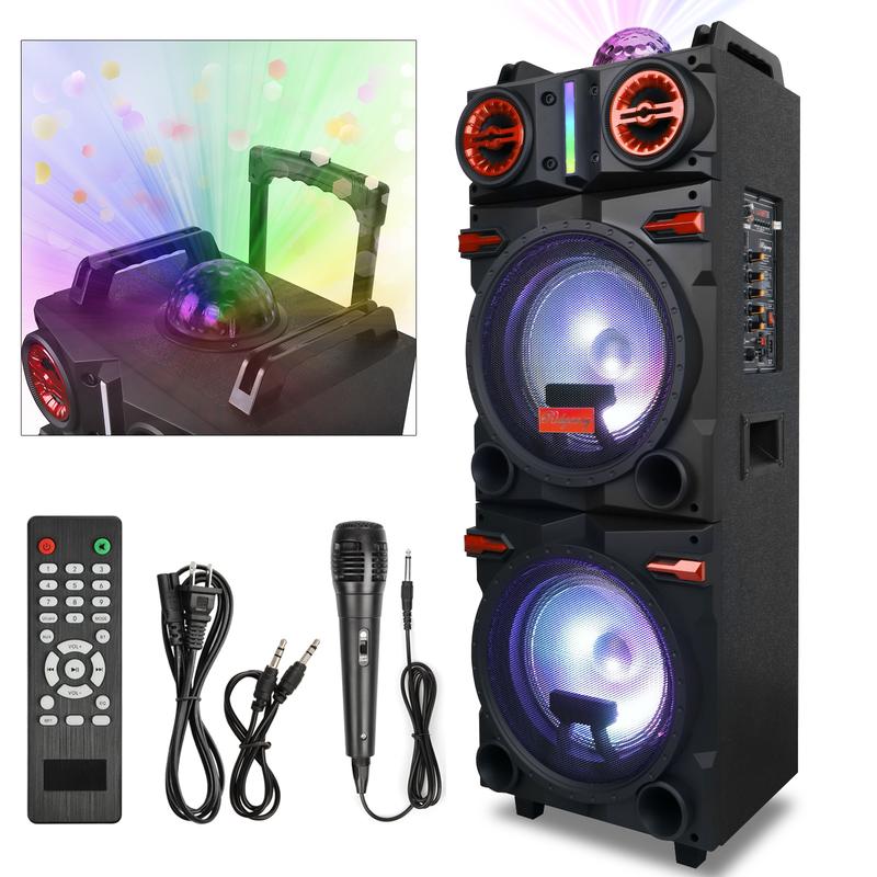 Portable Bluetooth PA Speaker Karaoke Machine 2 x 10" Subwoofer And 1 x 3" Tweeter Loud Party Speaker With Microphone FM LED Remote Control TWS