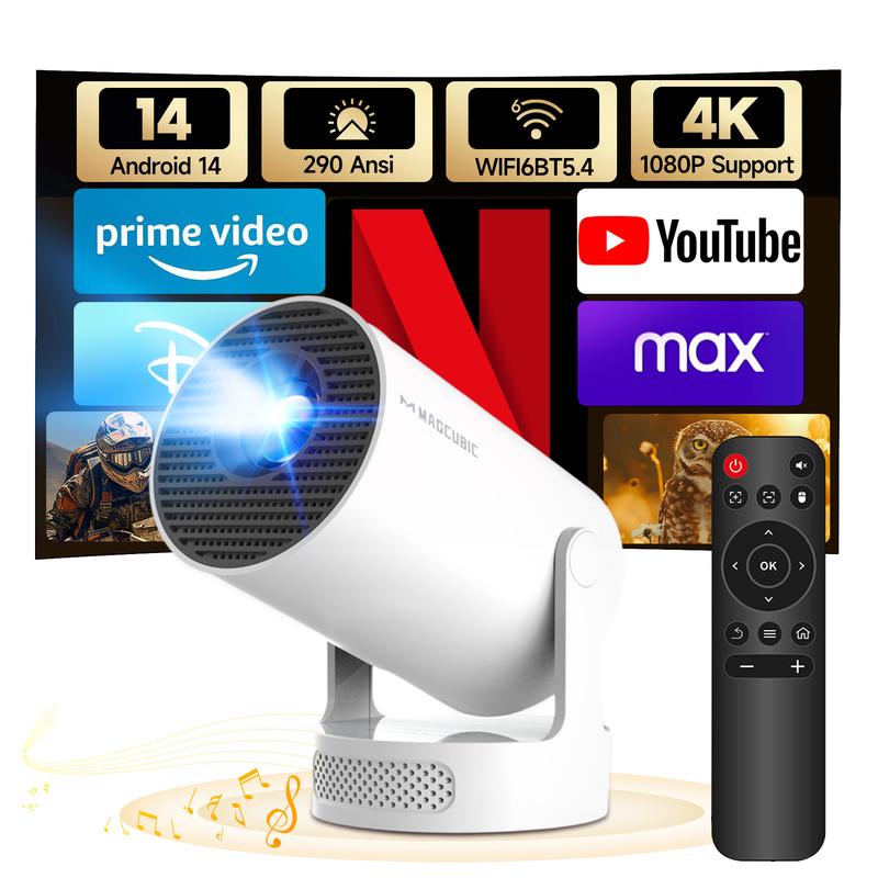 Smart Projector HY300Pro+ with 4K Decode 290ANSI Lumens Auto Keystone Correction Built-in 5W speaker Dual WiFi6 Wireless BT5.4 Android 11 Native 1280*720P for Home Cinema Portable Movie Theater