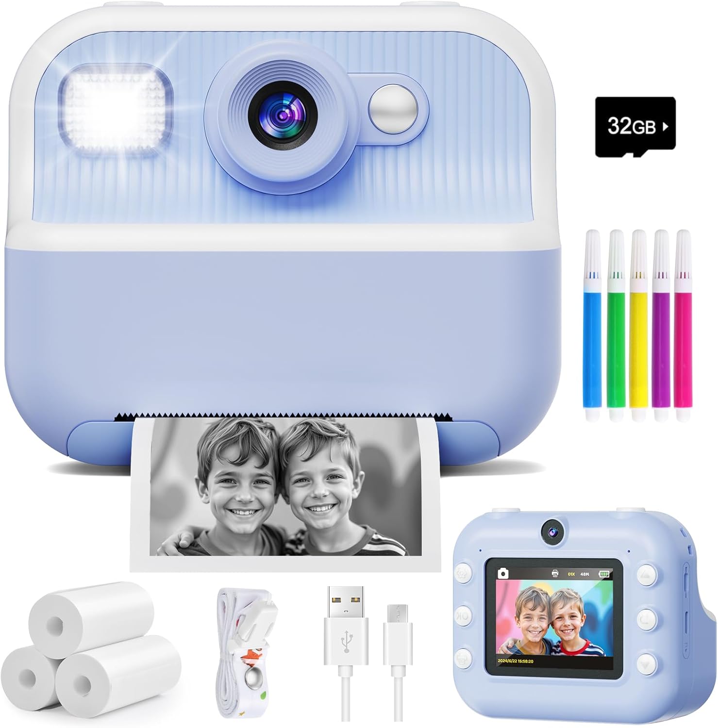 Front and rear dual selfie kids camera with 1080P video, toddler portable travel printing digital camera toy,