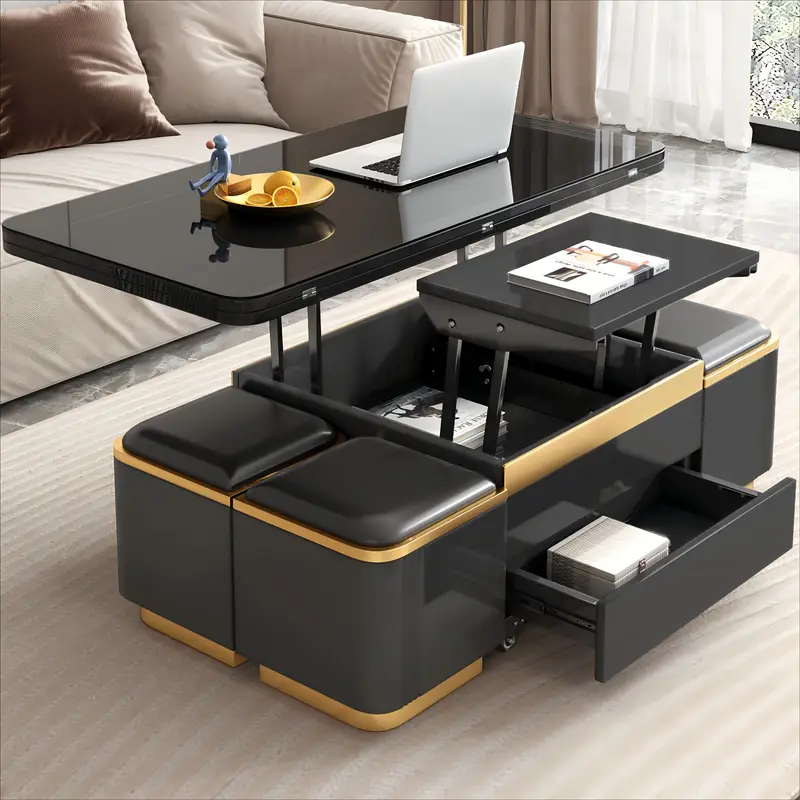 Multifunctional Lift Top Coffee Table, Extendable Coffee Table With 4 Storage Stools, Space Saving Folding Dining Table For Living Room, Office, Small Space