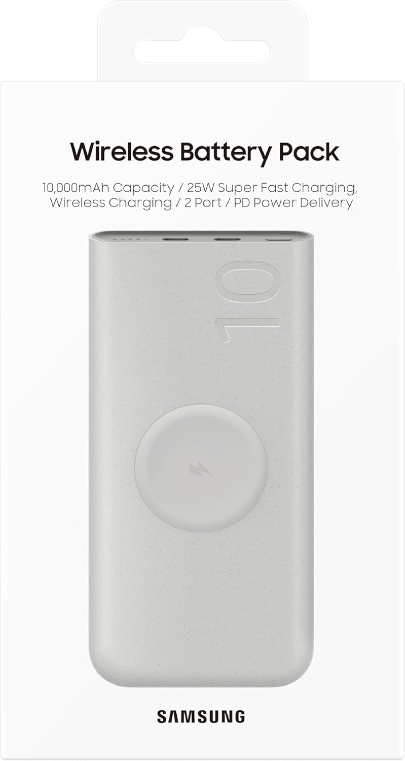 SAMSUNG 25W 10,000mAh Battery Pack Wireless Charger, Super Fast Charging w/ 2 Ports for Galaxy Phones, Buds and More, 3A USB-C Cable Included, 2024, US Version, EB-U2510XUEGUS. Beige