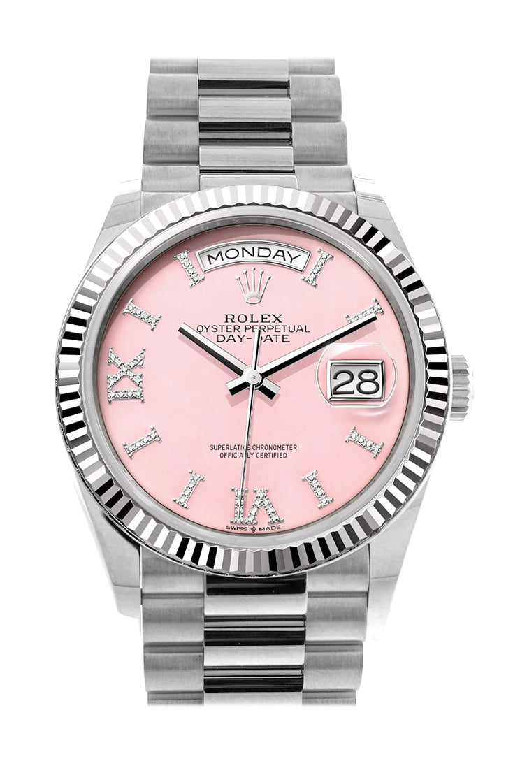 Day-Date 36 Pink Opal Diamond Dial Fluted Bezel White gold President Watch 128239