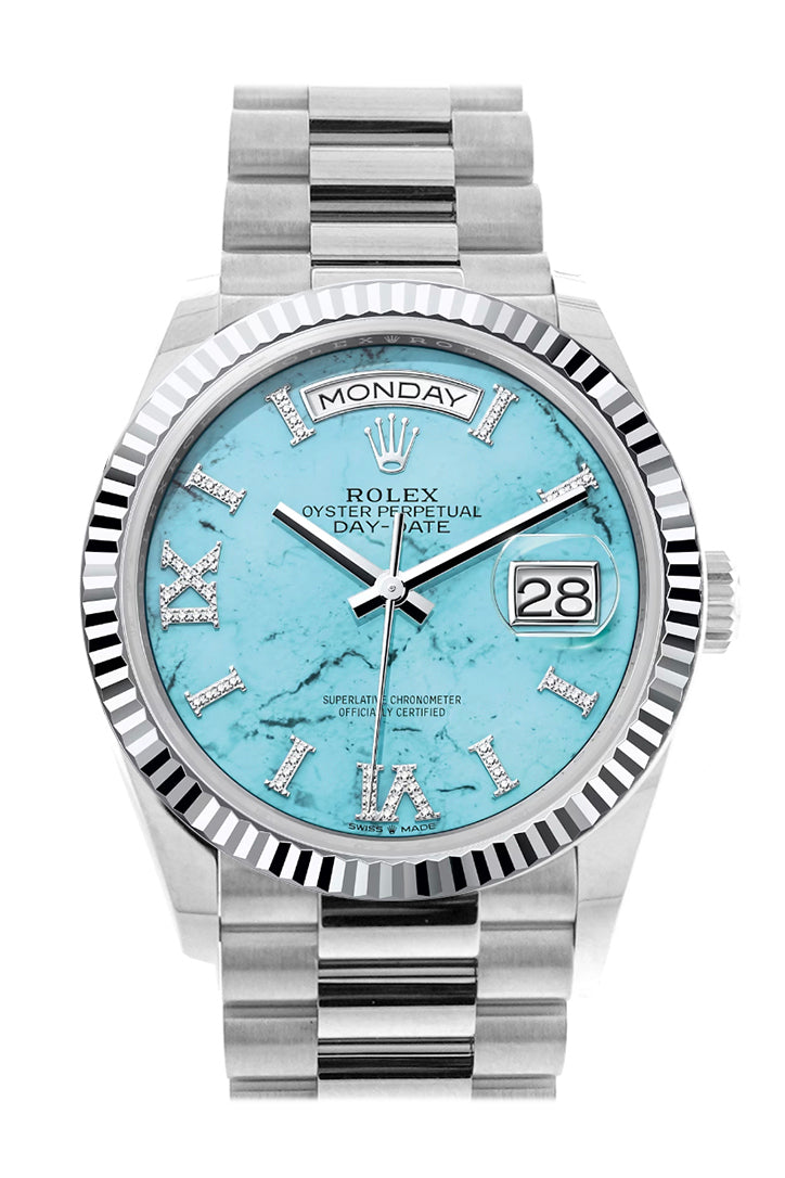 Day-Date 36 Turquoise Diamond Dial Fluted Bezel Platinum President Watch 128236