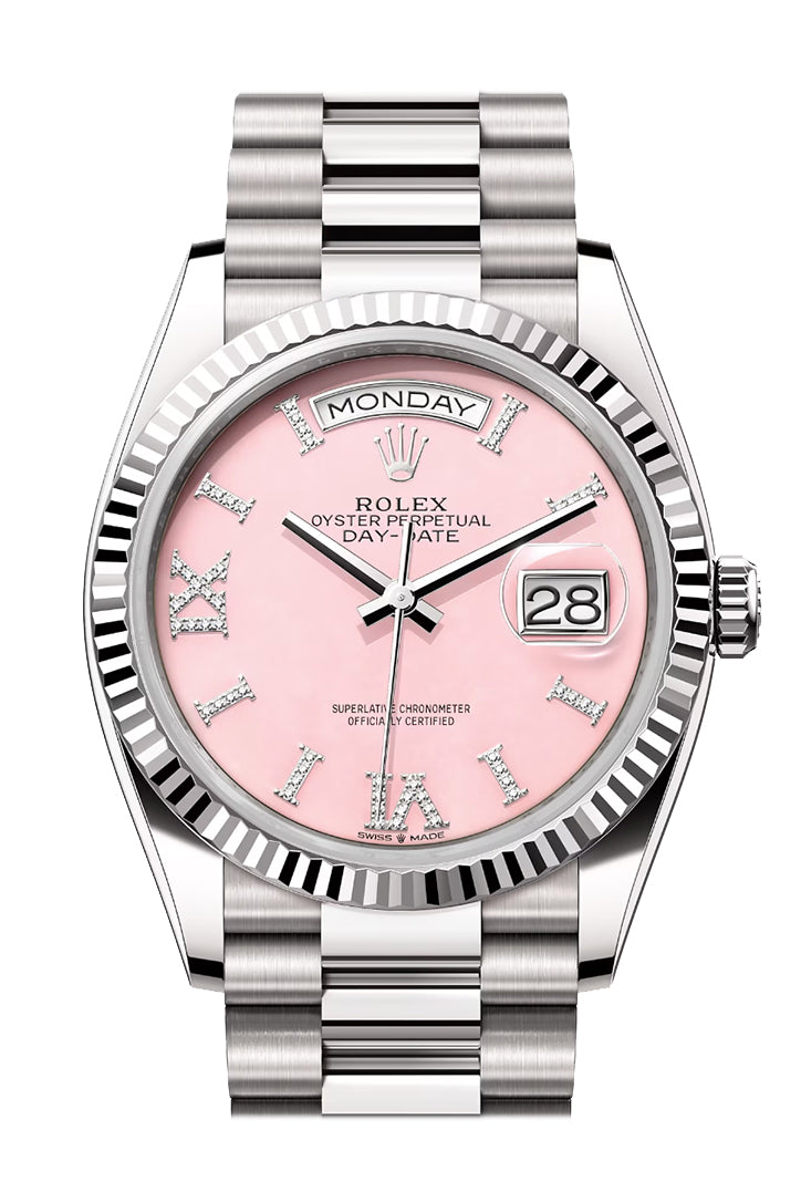 Day-Date 36 Pink Opal Diamond Dial Fluted Bezel White gold President Watch 128239
