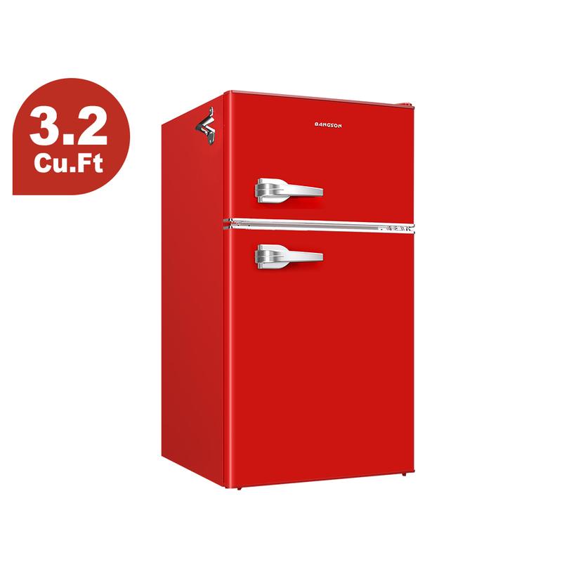 ⏰CLEARANCE SALE!⏰BANGSON Retro Fridge 3.2 Cu.Ft Mini Refrigerator with Double Door & Freezer Adjustable Thermostat Energy-Efficient LED Light Red Household Appliance Gift idea Christmas Gift