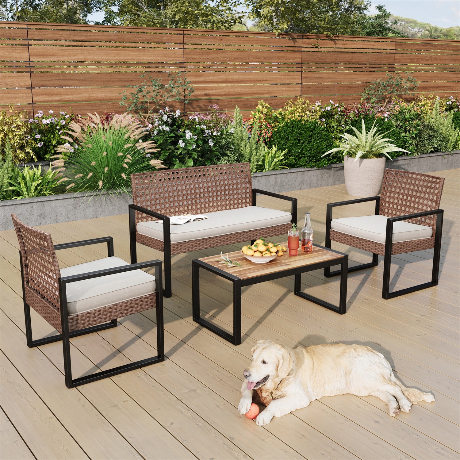 [Last Day Specials]PHI VILLA 4-Piece Patio Wicker & Acacia Wood Conversation Set with Loveseat & Coffee Table