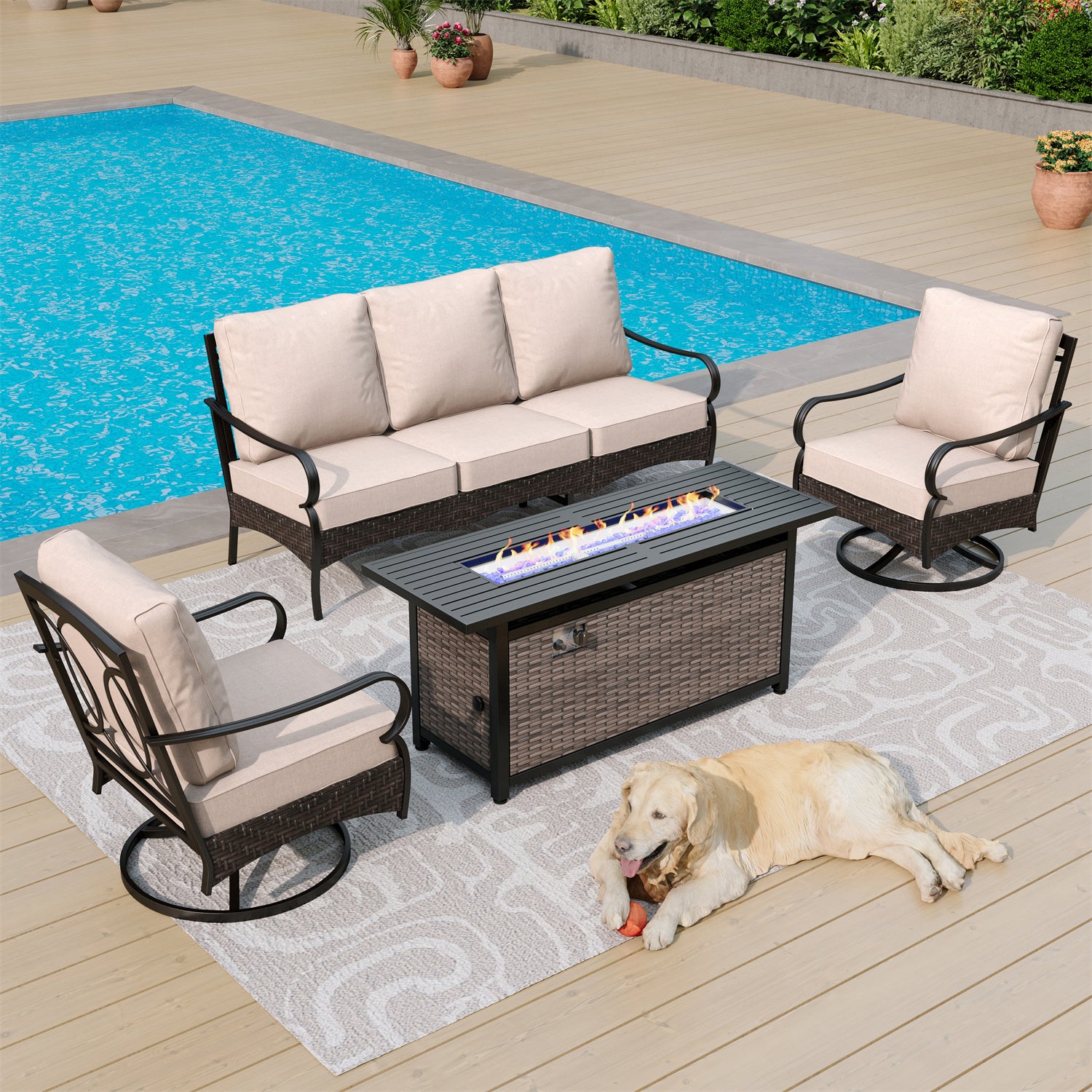 [Limited Time Offer] Phi Villa Outdoor Steel & Rattan Sofa Set With Rectangle Fire Pit Table