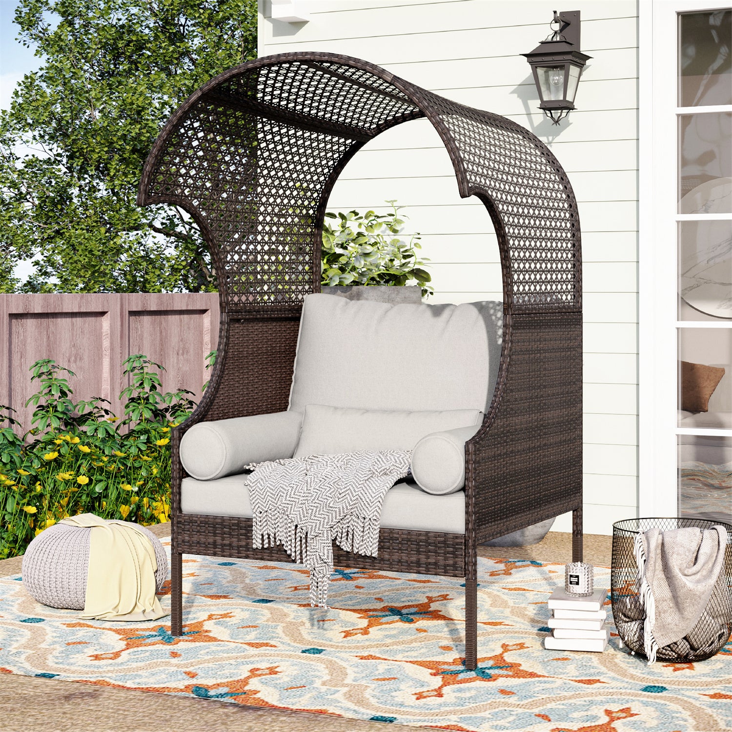[Last Day Specials]PHI VILLA Rattan Outdoor Furniture Wicker Single Sofa with Top Canopy