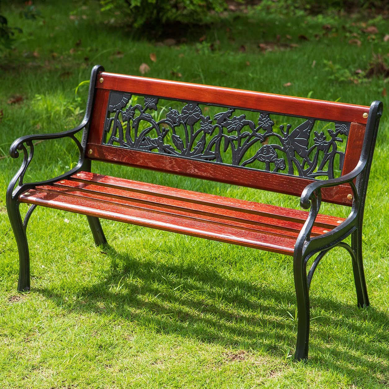 PHI VILLA 33 Outdoor Kids Sized Garden Metal Bench with Wood Seating