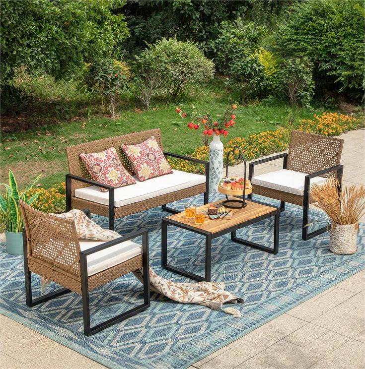 [Last Day Specials]PHI VILLA 4-Piece Patio Conversation Set - Wicker Chairs and Acacia Wood Coffee Table - Modern and Stylish