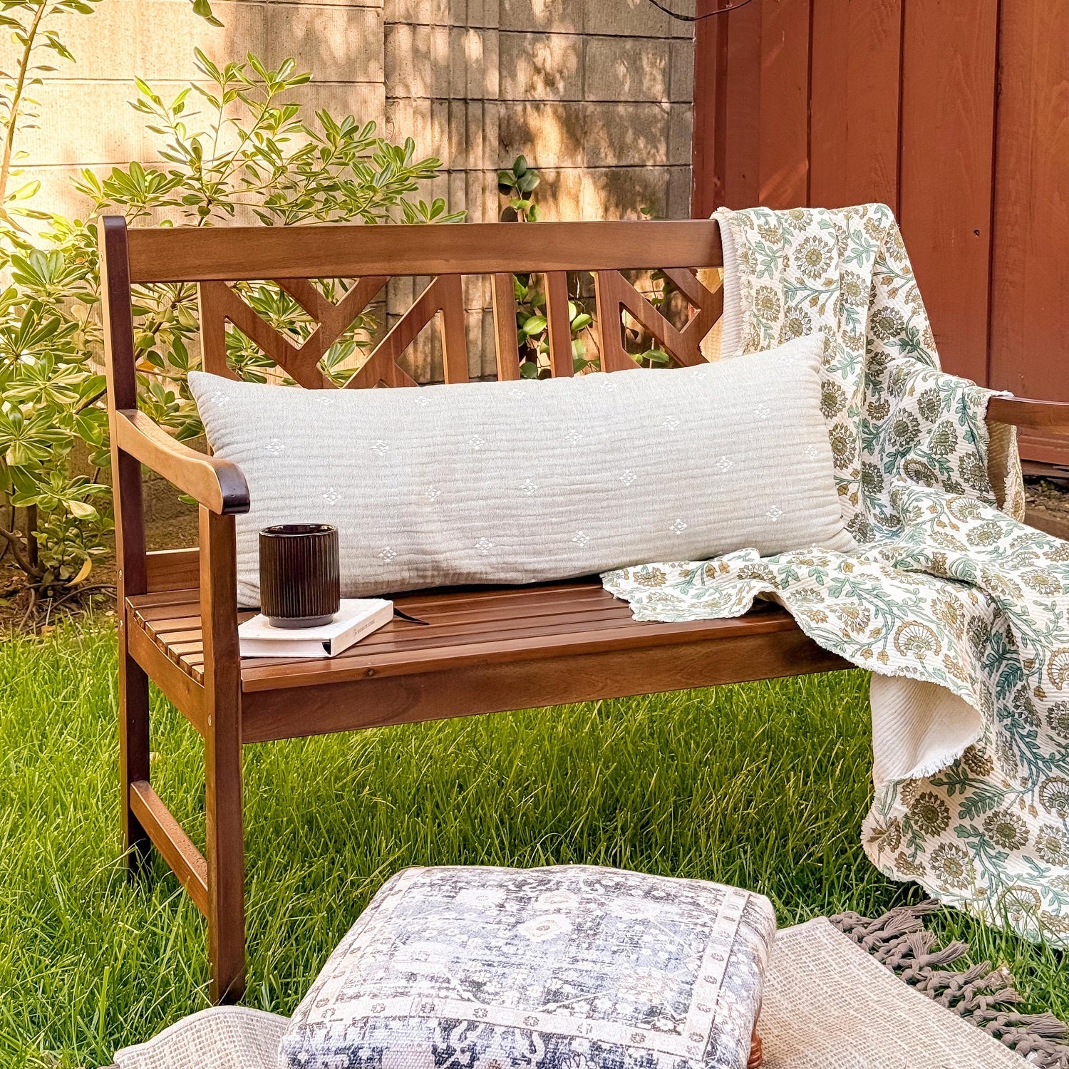 PHI VILLA 2 Seat Outdoor Wooden Brown Bench With Curved Wide Armrest Porch Chair
