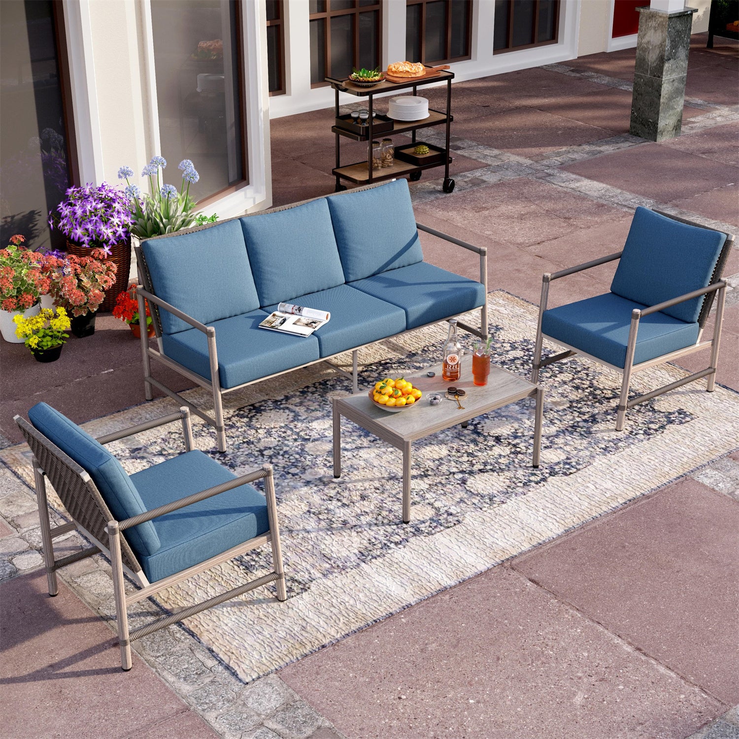 [Last Day Specials]Phi Villa Vintage Outdoor Wicker and Mimics Wood Sofa Set with Coffee Table