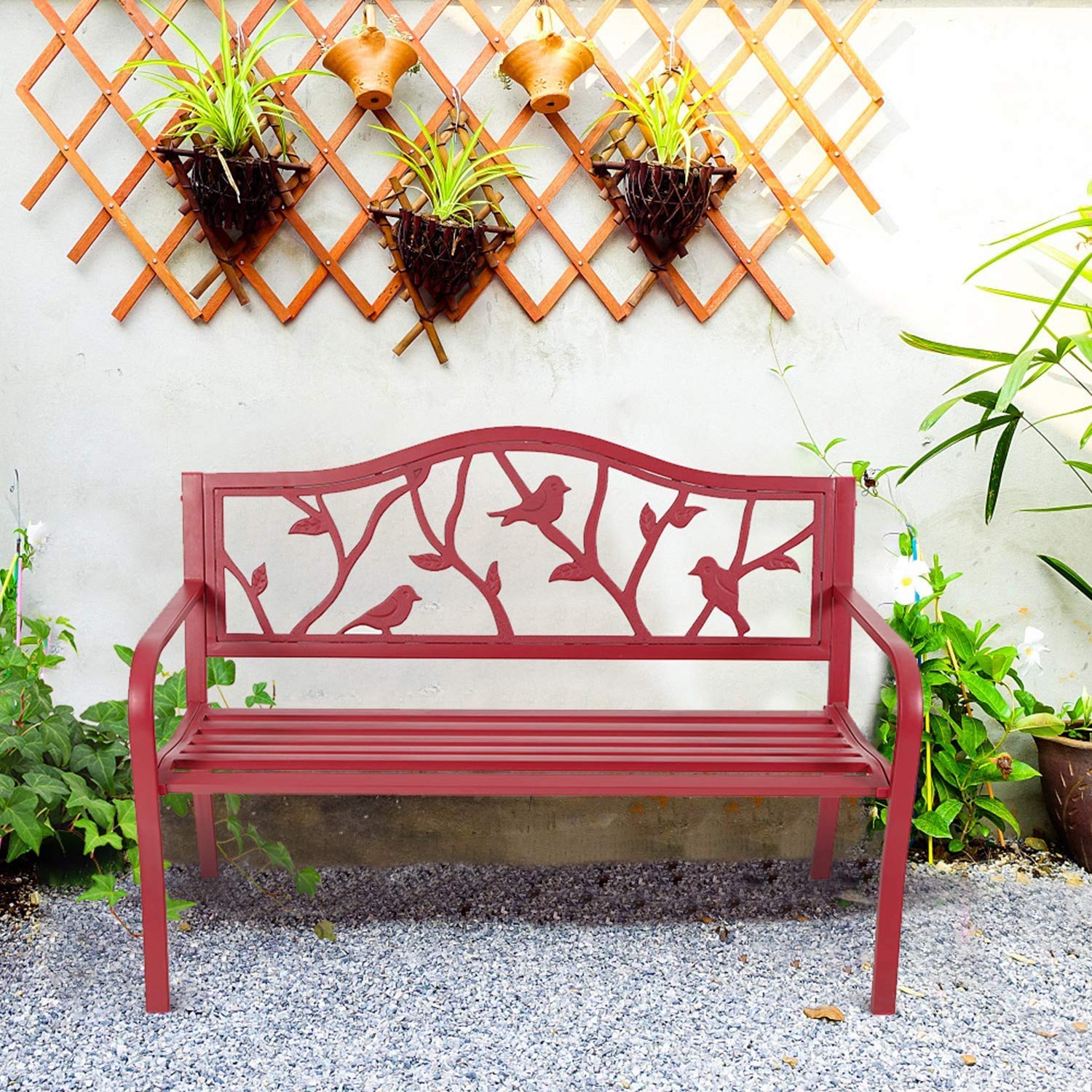 PHI VILLA 50 Inch Patio Garden & Park Bench Steel Frame Porch Chair
