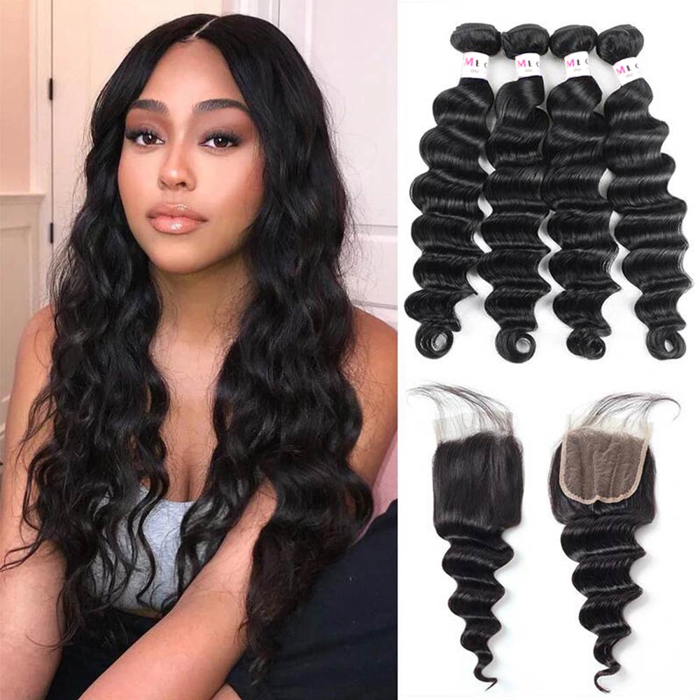Megalook 12A Virgin Brazilian Hair Loose Deep Wave Hair 4 Bundles with 5x5 Transparent Lace Closure