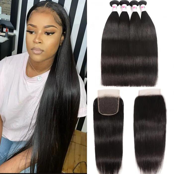 Megalook Top Quality 12A Grade Virgin Brazilian Hair Straight Human Hair 4 Bundles with 5x5 Transparent Lace Closure