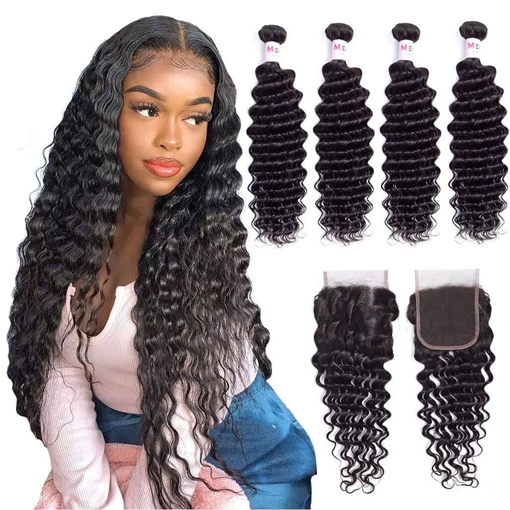 Megalook Deep Wave Hair 4 Bundles With 5x5 Transparent Lace Closure 12A Virgin Brazilian Hair