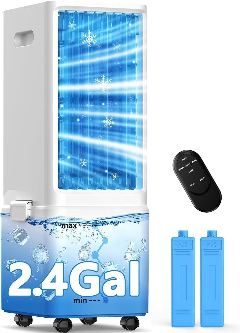 🎄2025 Christmas Sales🎅Windowless Air Conditioner w/4 Modes& 3 Speeds, Waterless Alert, 2.4-Gal Tank for 20H Cooling, 12H Timer, 2 Ice Pack,Remote, 70° Auto Swing Evaporative Air Cooler, Portable AC Unit for Bedroom