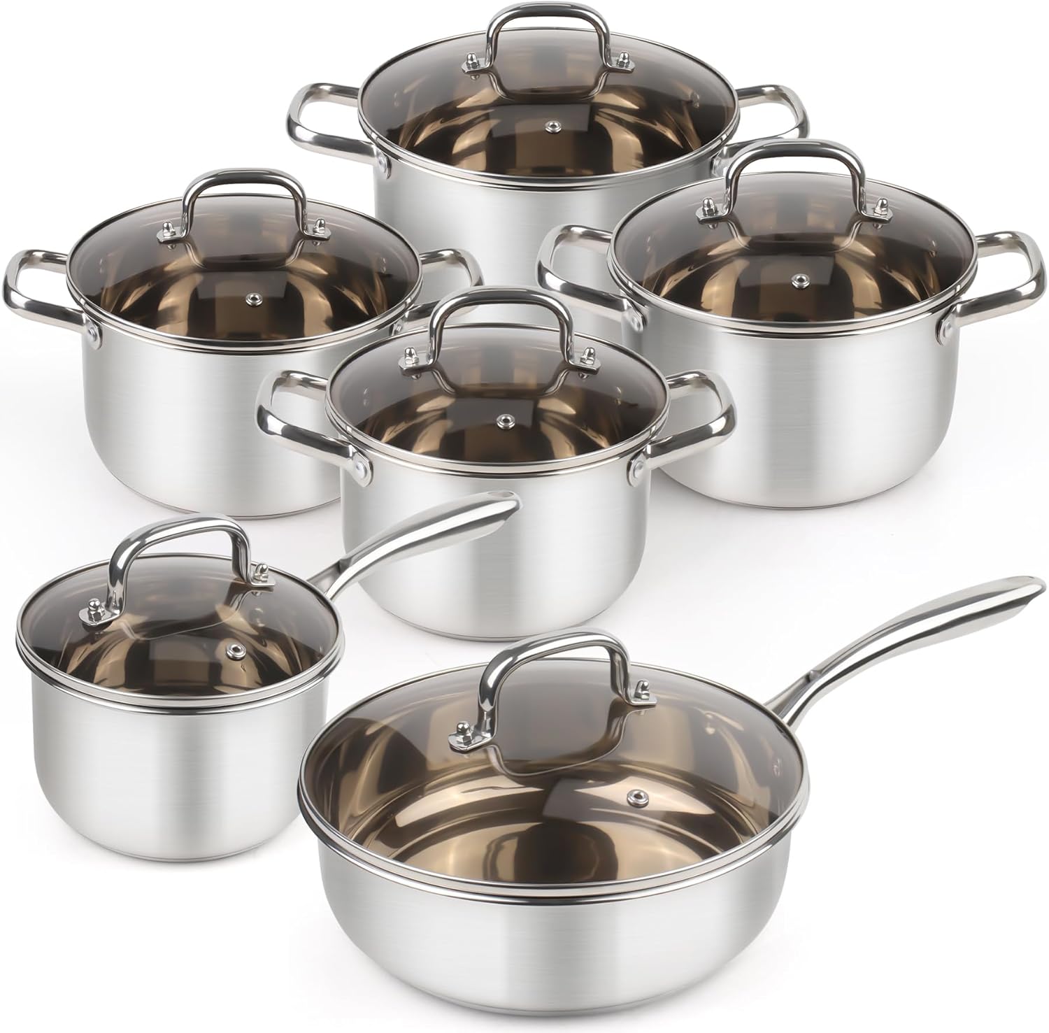 CTSZOOM 3-ply Stainless Steel Cookware Set, 12 Pcs Pots and Pans Set, Induction Compatible, Nestable and Space-Saving, Oven and Dishwasher Safe，Works with All Cooktops