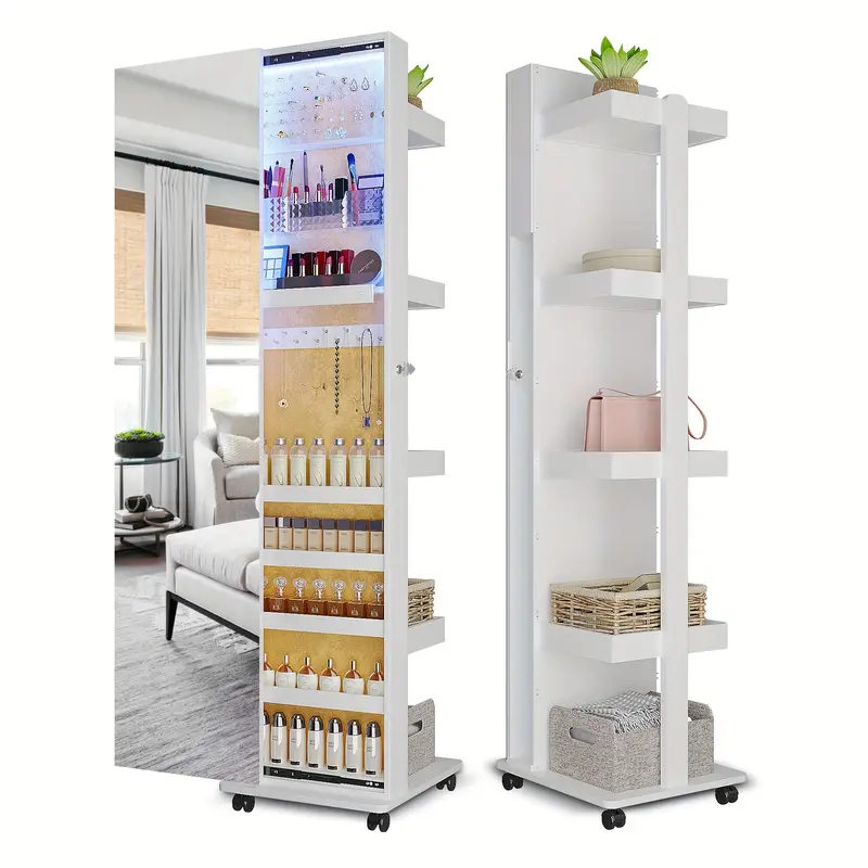 🎄2025 Christmas Sales🎅360° Rotating LED Jewelry Armoire, Full Length Mirror Large Capacity Floor Standing 3 Color Dimmable Jewelry Organizer Armoire with 4 rollers, Rear Storage Shelves