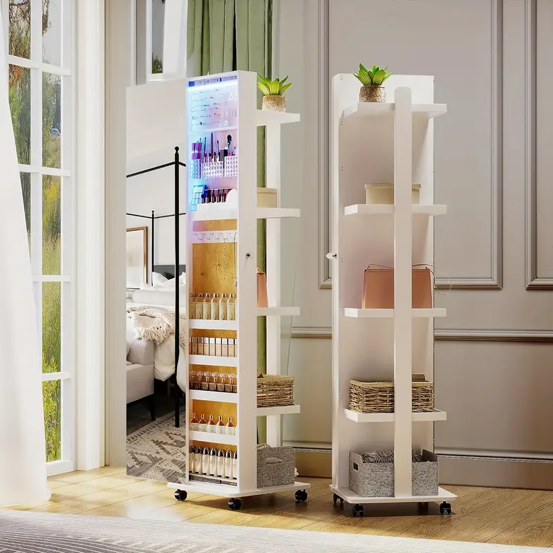 🎄2025 Christmas Sales🎅360° Rotating LED Jewelry Armoire, Full Length Mirror Large Capacity Floor Standing 3 Color Dimmable Jewelry Organizer Armoire with 4 rollers, Rear Storage Shelves