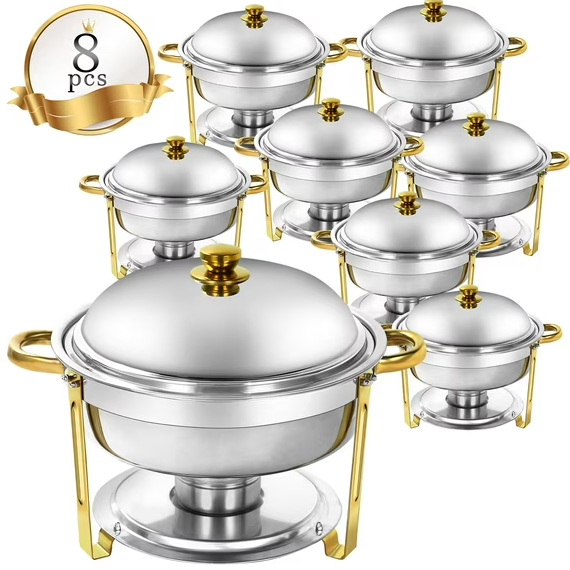 🔥PRIJESSE 6-Quart Gold Round Buffet Hot Pot Set with Food and Water Trays for Catering, Parties, Hotels, and Weddings, 8-Pack