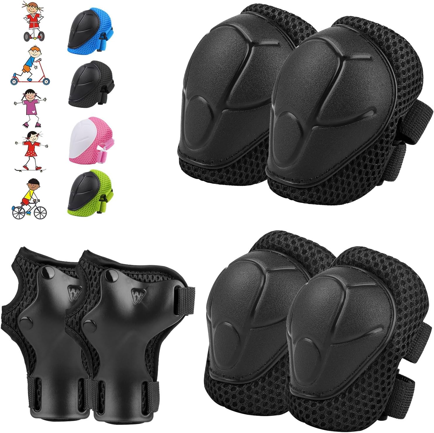 WayEee 6PCS Kids Protective Gear Set, Knee Pads for Kids 3-14 Years Old, Toddler Knee Pads and Elbow Pads, Wrist Guards Set, Skating Cycling Bike Rollerblading Scooter, Upgraded & Durable Material