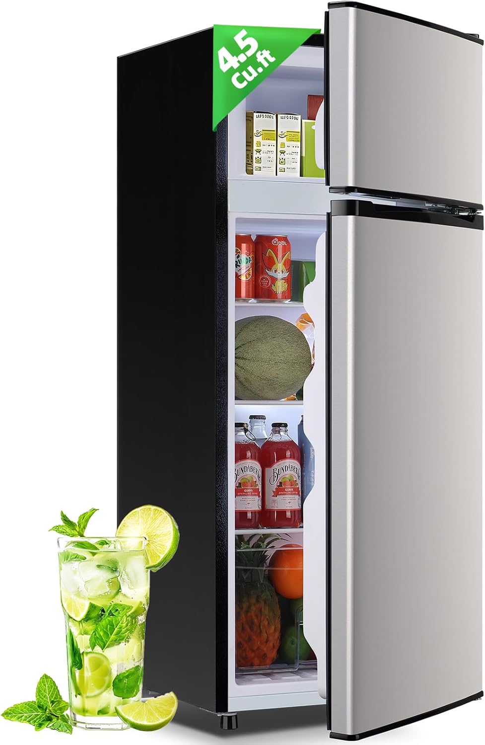 🎄2025 Christmas Sales🎅DEMULELR 4.5Cu.ft Refrigerator with Freezer Two Door Fridge with Removable Glass Shelves, Crisper Drawer & Extra Drink Space, LED Light,