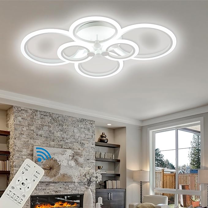 🎄2025 Christmas Sales🎅SJV 8Rings Modern LED Ceiling Light Fixture, Gold Dimmable Flush Mount Ceiling Light, 100W Kitchen Lighting Fixtures Ceiling LED Chandelier 3Colors Change with Remote for Living Dining Room,Bedroom