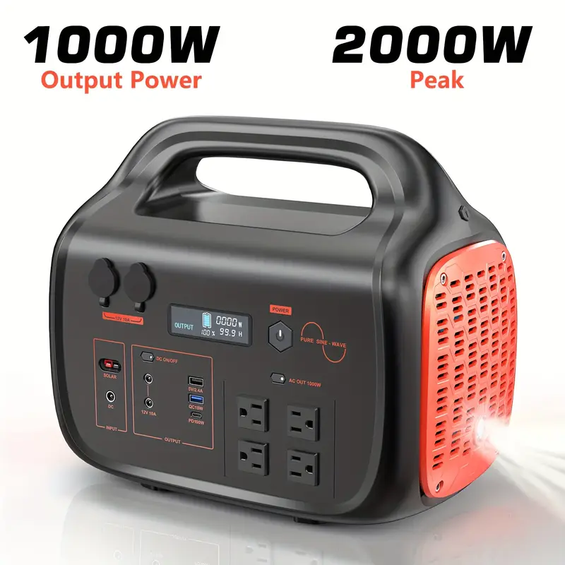 1000W Portable Power Station | 1024Wh Compact LiFePO4 Battery | Dual 110V AC, DC, USB QC3.0 | LED Flashlight | Ideal for Camping, RV, Emergency Home Use
