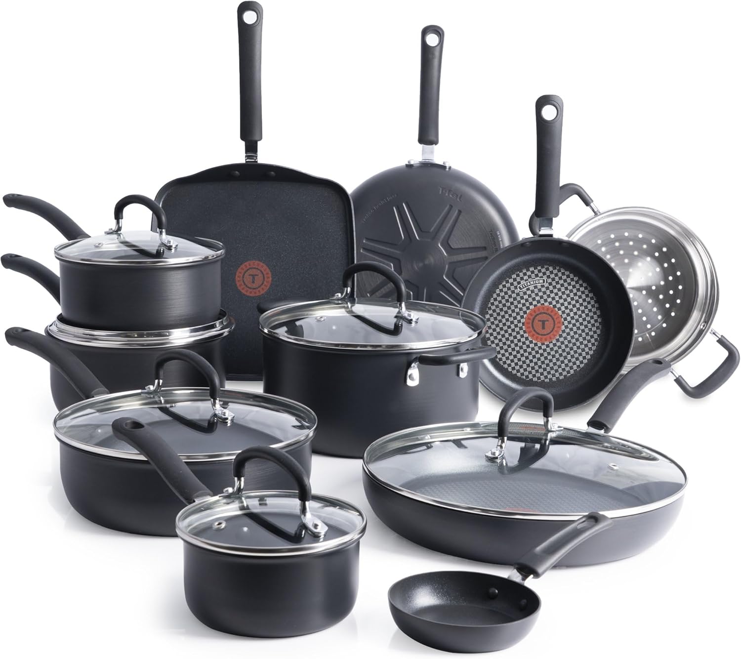 🎄2025 Christmas Sales🎅T-Fal Ultimate Hard Anodized Nonstick Cookware Set 17 Piece, Nonstick Pots and Pans Set with Fry Pan, Saucepans, Saute-Pan, Griddle, Dishwasher Safe, Black