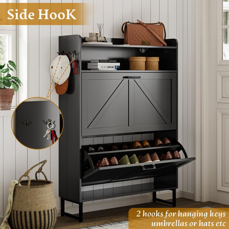 🎉New Year Mega Sale💥Double drawer ,Freestanding flip shoe cabinet, Slim fit wooden storage cabinet with hidden shelves | Corridor, living room, and bedroom shoe rack