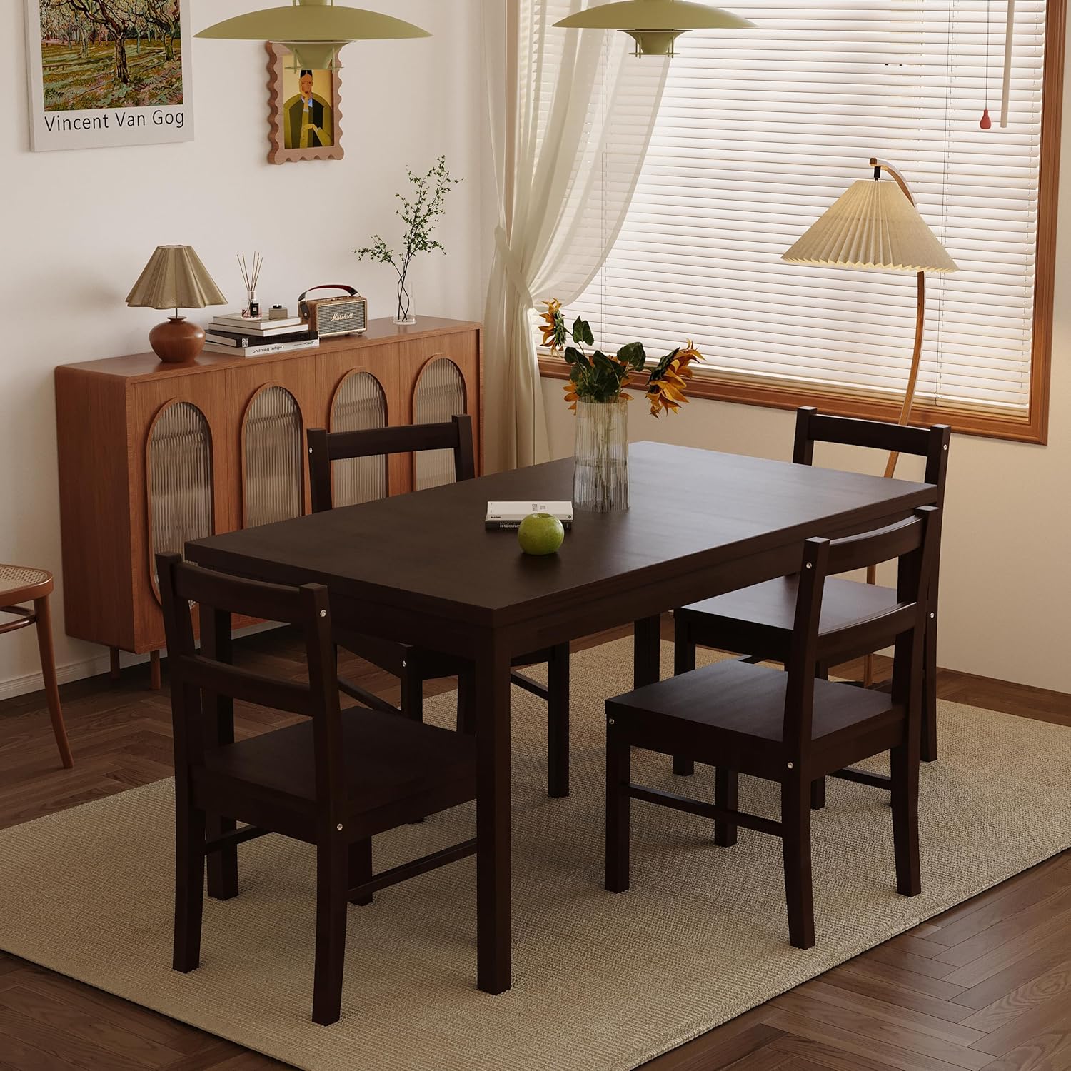 Orweiin 43.3 inch Solid Wood Indoor Modern Rectangular Dining Table Set for 4, Table and 4 Solid Wood Dining Chairs for Kitchen, Bar, Living Room, Breakfast Nook, Natural