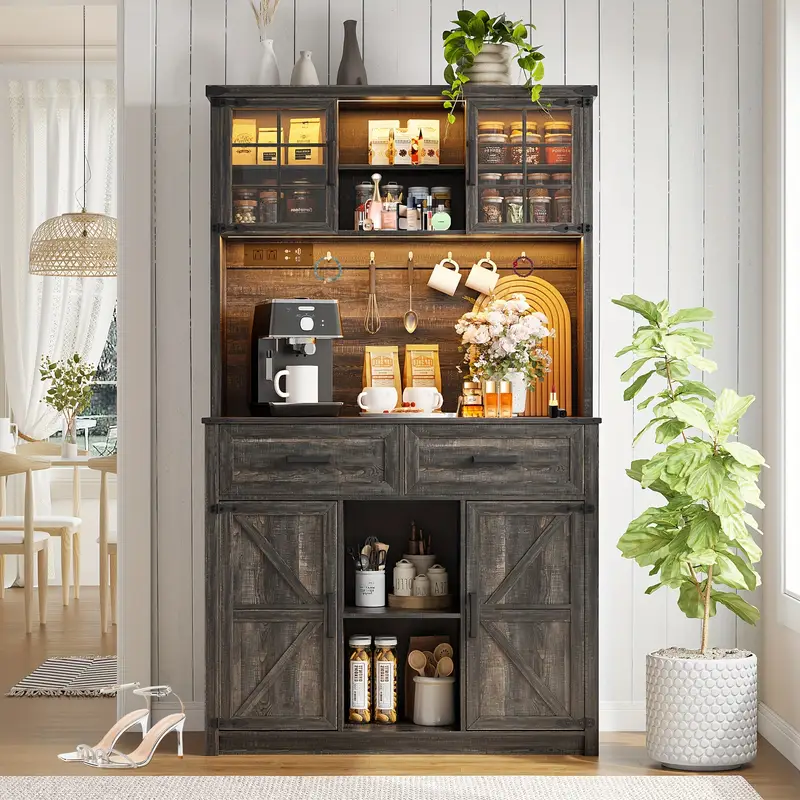 FREDEES Farmhosue Bar Cabinet With LED Lights & Power Outlets,