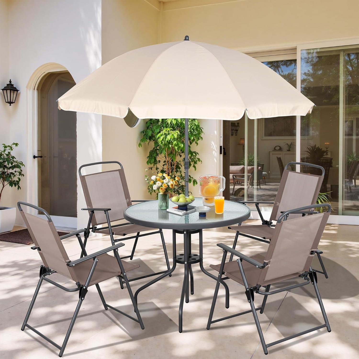 🎄2025 Christmas Sales🎅Vongrasig 6 Pieces Folding Patio Dining Set, All Weather Small Metal Outdoor Table and Chairs Set, Patio Furniture Set w/Umbrella, Glass Table & 4 Folding Chairs for Garden, Lawn, Backyard, Brown