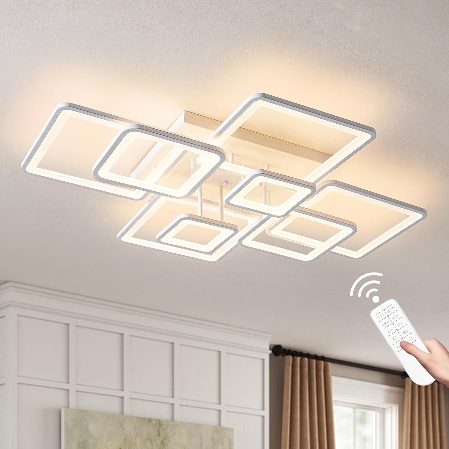 🎄2025 Christmas Sales🎅Shine LUEST Modern LED Ceiling Light Fixture Black Kitchen Lighting Fixtures Ceiling for Bedroom 31.5 Dimmable 8 Ring Square Ceiling Light for Kitchen with Remote Control for Living Room,Dining Room