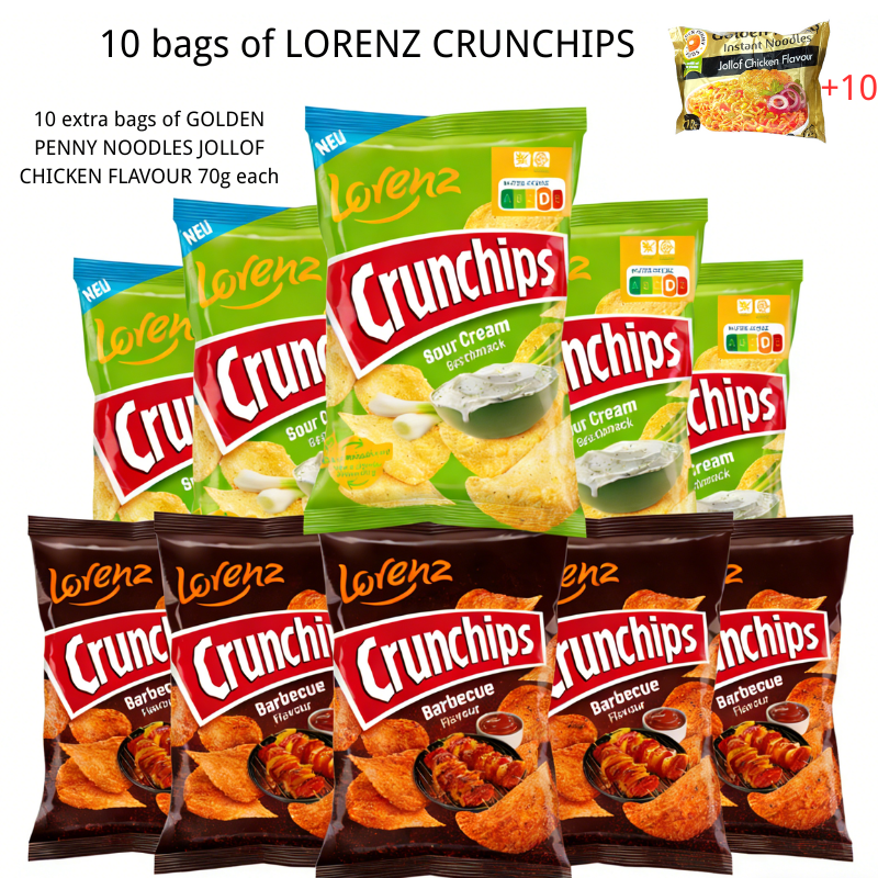🎉New Year Mega Sale💥10 bags of LORENZ CRUNCHIPS 100g 🎁10 extra bags of GOLDEN PENNY NOODLES JOLLOF CHICKEN FLAVOUR 70g each