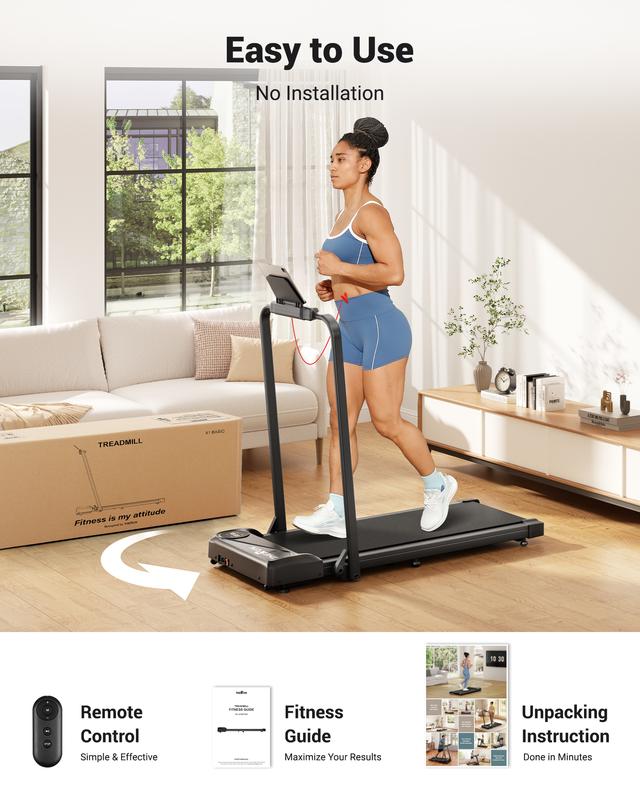 oldable Walking Pad Treadmill with Handle, Low-Noise Motor 300 lbs Load Shock Absorption LED Display & Remote Control Compact Treadmill for Home & Office Exercise