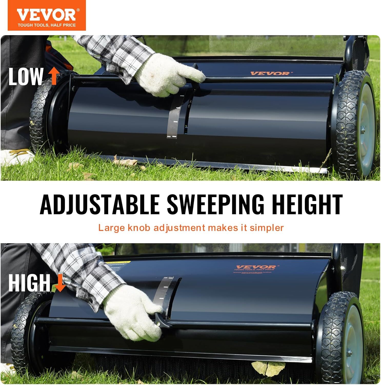Push Lawn Sweeper, 26 Inch Leaf & Grass Collector, Strong Rubber Wheels & Heavy Duty Thickened Steel Durable to Use with Large Capacity 7 ft3 Mesh Collection Bag, 4 Spinning Brushes