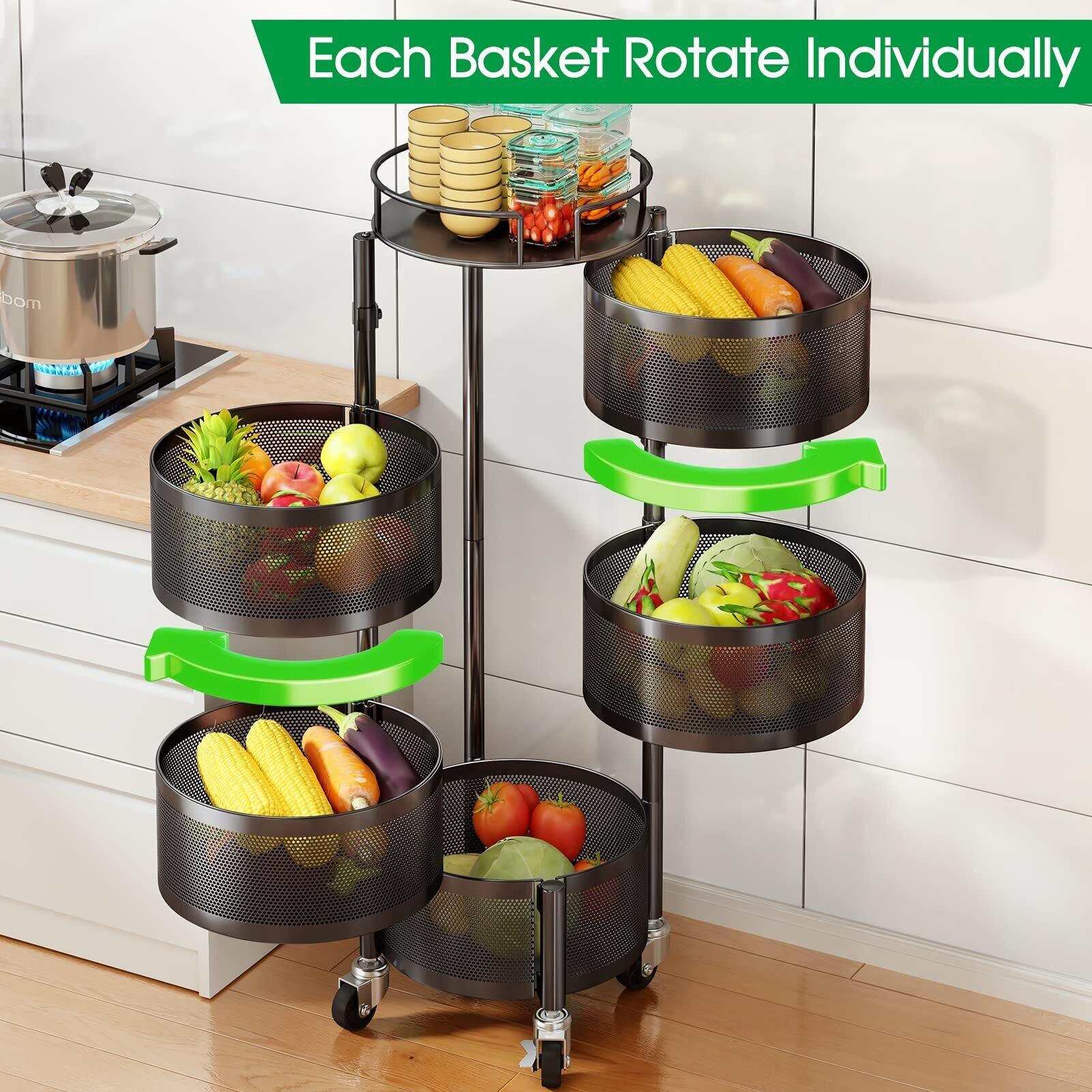 Fruit Basket for Kitchen, 5 Tier Circular Rotating Basket Large Storage Rack with Wheels, Fruit and Vegetable Metal Wire Shelf with Top Lid for Living Room, Office, Black