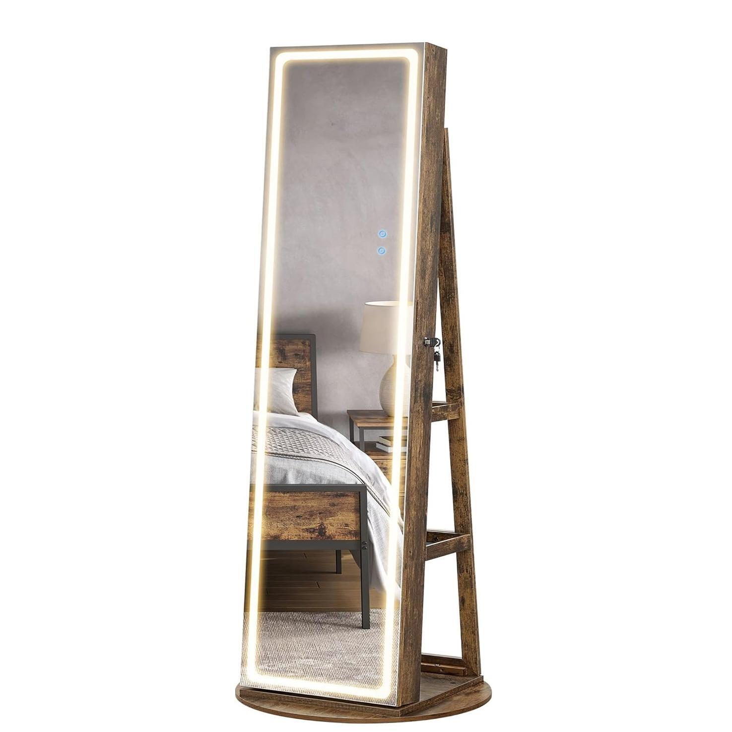 🎅Christmas Sale🎄360° rotating full-length mirrored cabinets with tri-color LED lights to illuminate every treasure💄💍💎