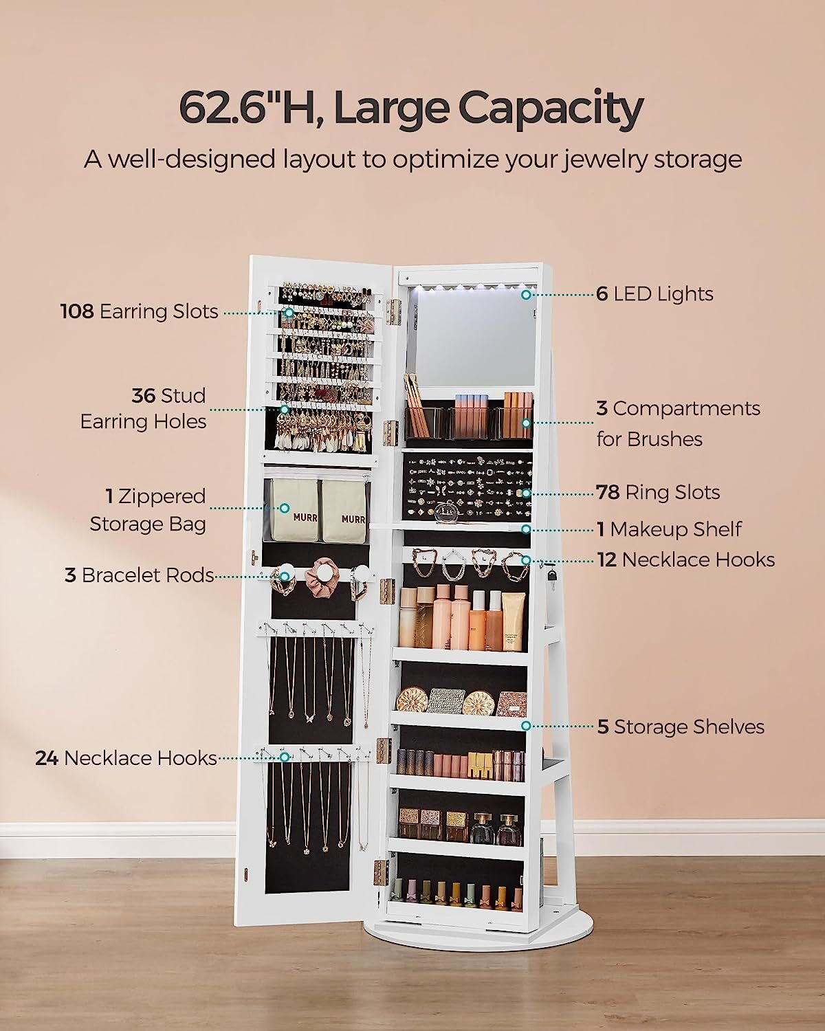 🎅Christmas Sale🎄360° rotating full-length mirrored cabinets with tri-color LED lights to illuminate every treasure💄💍💎